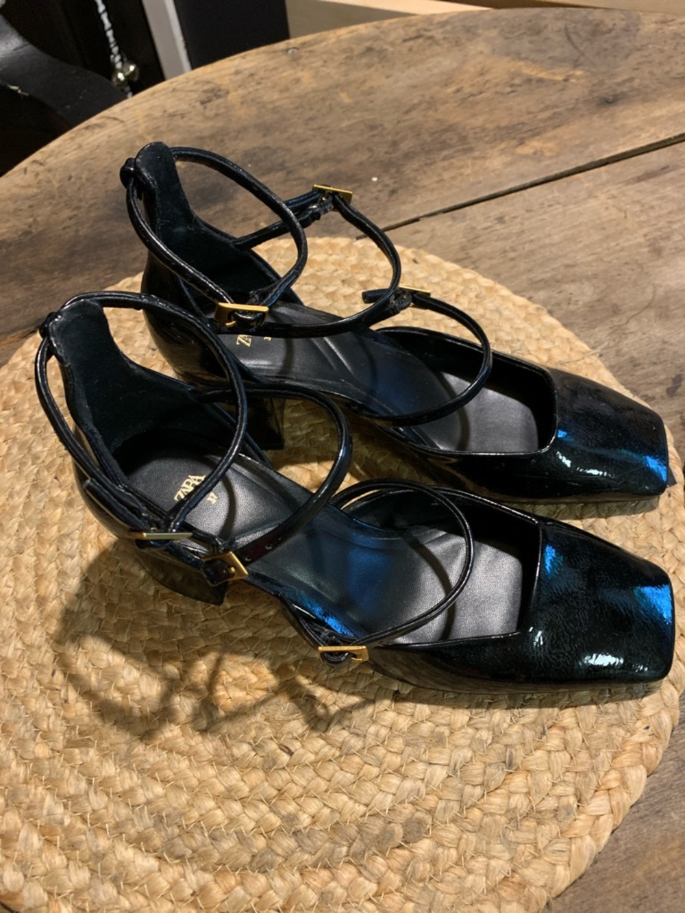 Beautiful Zara Black Patent Strappy Low Block Heel Pumps
